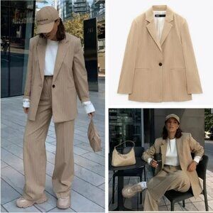 Zara Oversized Pinstriped Blazer M Lined Tan White